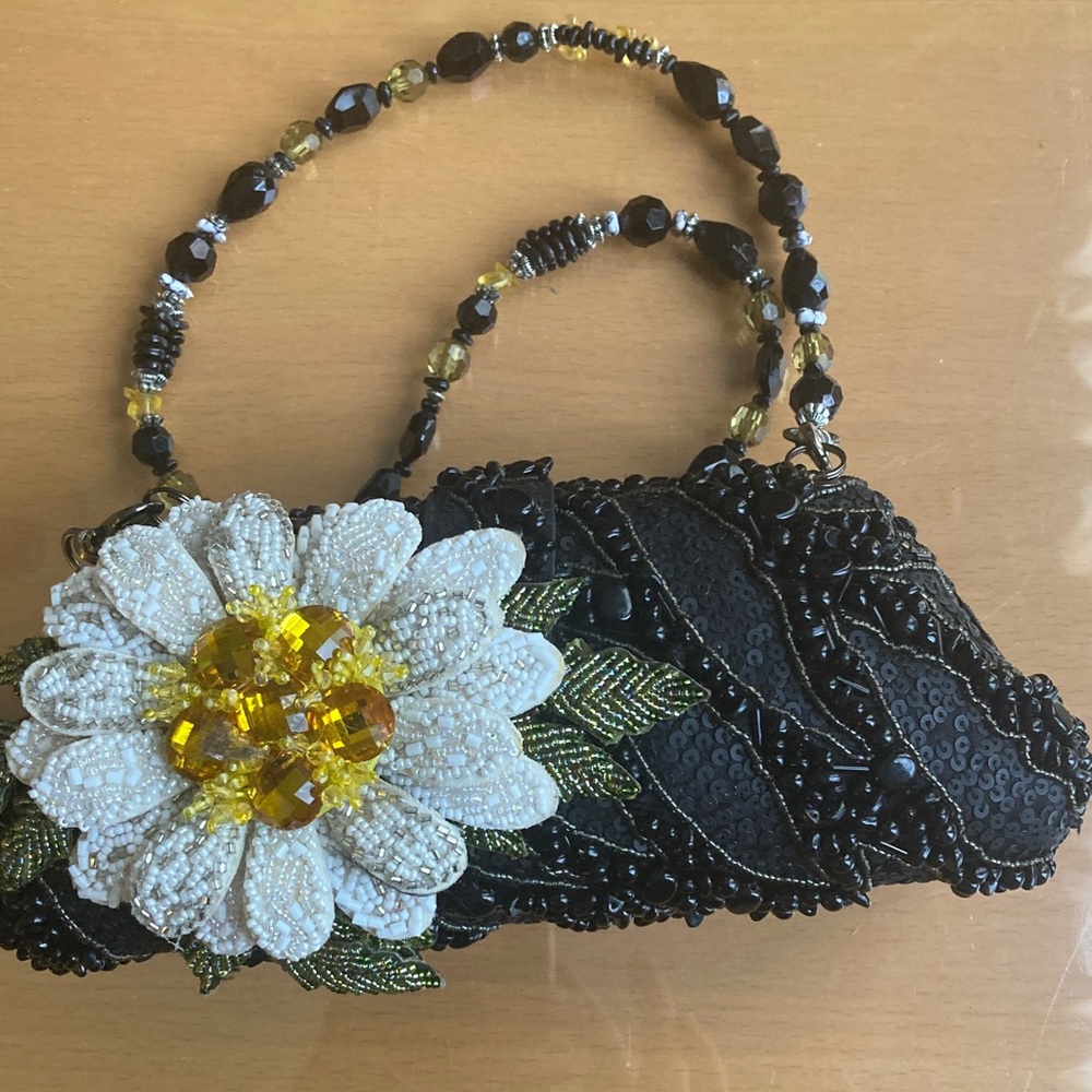 Mary Frances Black Beaded Clutch with White and Yellow Floral Design